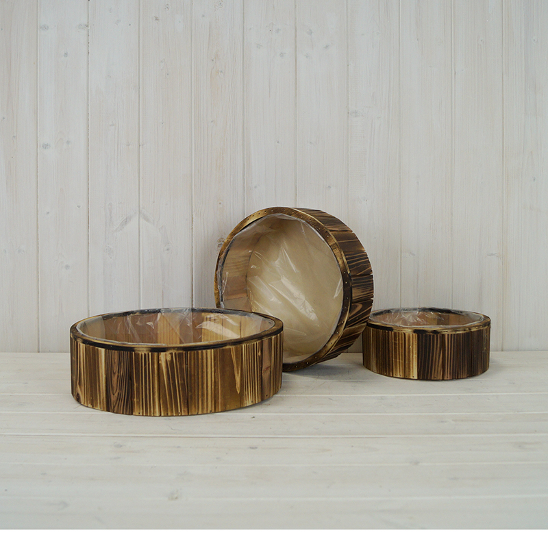 Set of Three Round Wooden Planters detail page